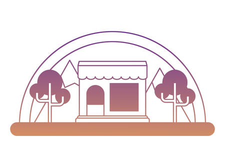 shop and trees over landscape and white background, colorful design. vector illustrationのイラスト素材