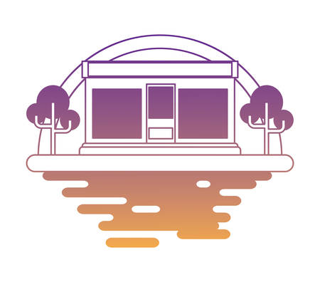 shop and trees over landscape and white background, colorful design. vector illustrationのイラスト素材