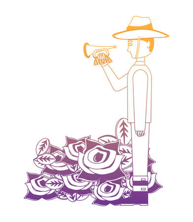 Anzac day design with poppy flowers and soldier blowing trumpet over white background, vector illustrationのイラスト素材