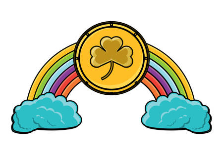 rainbow with coin with clover icon over white background, vector illustrationのイラスト素材
