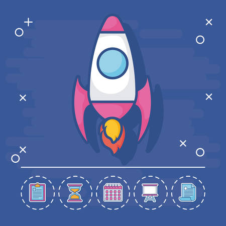 rocket with digital marketing related icons around over blue background, vector illustrationのイラスト素材