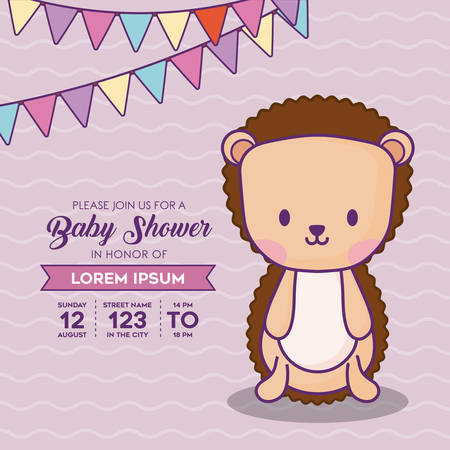 Baby shower invitation with decorative pennants and cute porcupine icon over purple background, colorful design. vector illustrationのイラスト素材