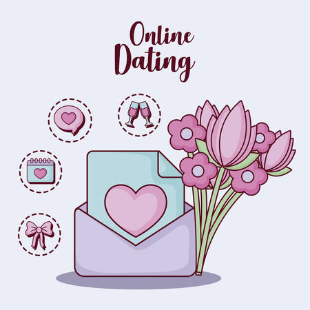envelope and flowers bouquet  with online dating related icons over  purple background, colorful design. vector illustrationのイラスト素材