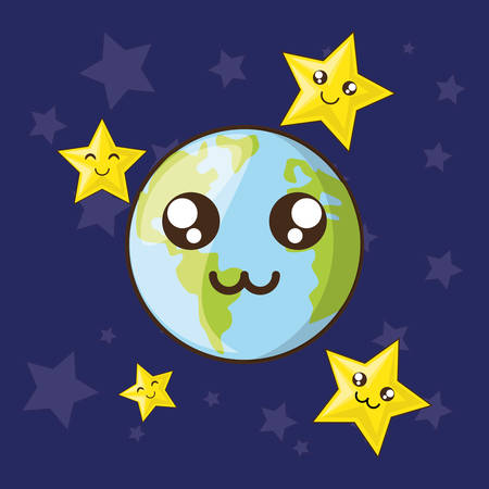 cute earth planet with stars around over blue background, vector illustrationのイラスト素材