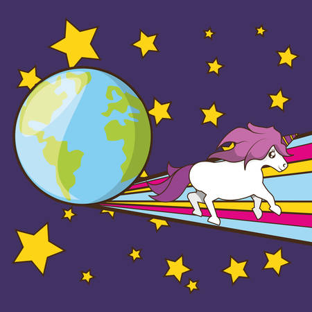 Cute unicorn with stars and earth planet over blue background, vector illustrationのイラスト素材