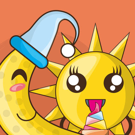 cute sun and moon with nightcap over orange background, colorful design. vector illustrationのイラスト素材
