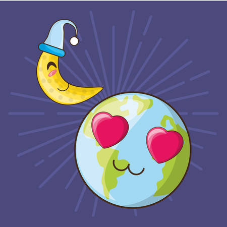 cute moon and earth planet with eyes in heart shape over blue background, vector illustrationのイラスト素材