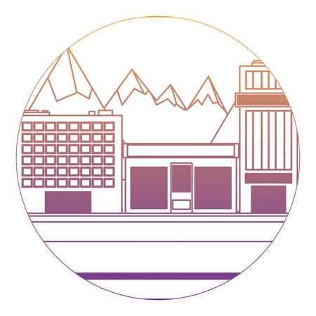 street with stores and buildings over mountains landscape in circular shape over white background, vector illustrationのイラスト素材