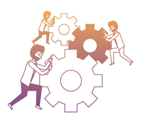 businessmen pushing a gear wheels over white background, vector illustrationのイラスト素材