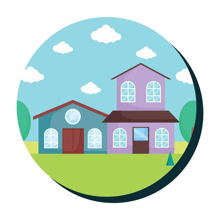Decorative circular frame with landscape with modern houses over white background, colorful design. vector illustrationのイラスト素材