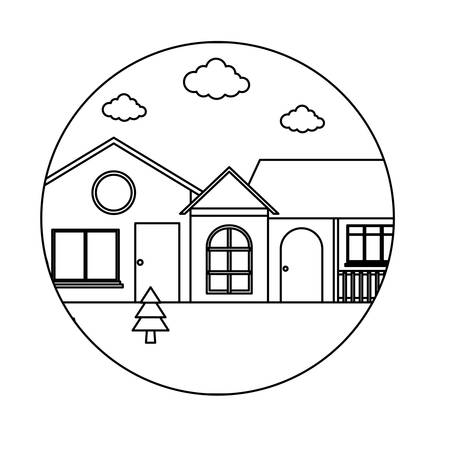Decorative circular frame with landscape with modern houses over white background, vector illustrationのイラスト素材