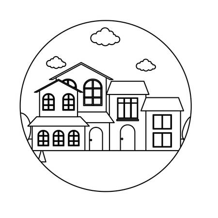 Decorative circular frame with landscape with modern houses over white background, vector illustrationのイラスト素材