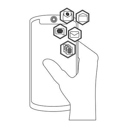 hand holding a smartphone device and related icons around over white background, vector illustrationのイラスト素材
