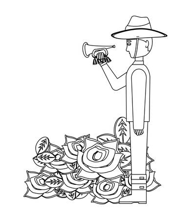 Anzac day design with poppy flowers and soldier blowing trumpet over white background, vector illustrationのイラスト素材