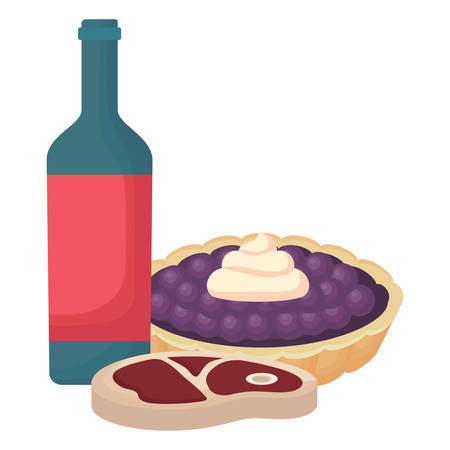 picnic food design with wine bottle with sweet pie and meat steak over white background, vector illustrationのイラスト素材