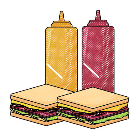 sandwichs and sauce bottles over white background, vector illustrationのイラスト素材