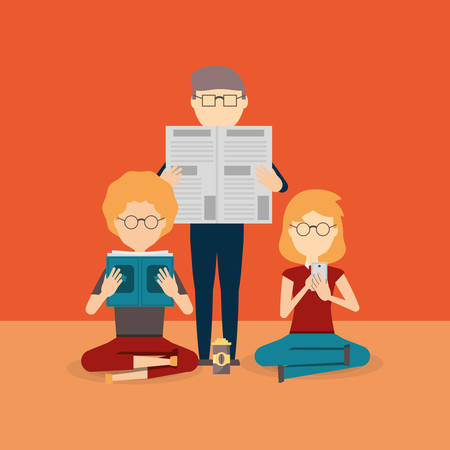 man and woman reading and other woman using a cellphone over orange  background, colorful design. vector illustrationのイラスト素材