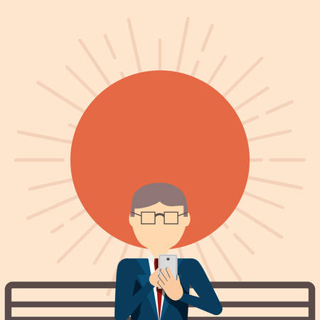 businessman using a cellphone and sitting on a bench over sun and orange background, colorful design. vector illustrationのイラスト素材