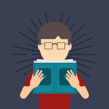 man with glasses reading a book over blue background, colorful design. vector illustrationのイラスト素材