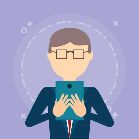 businessman using a cellphone over purple background, colorful design. vector illustrationのイラスト素材