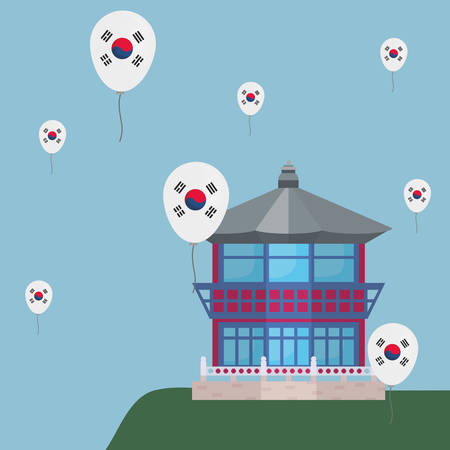 south korea iconic landmark and balloons around over blue background, colorful design. vector illustrationのイラスト素材