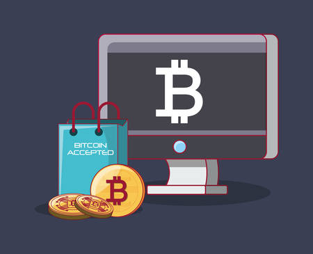 bitcoin accepted design with computer with bitcoin symbol and shopping bag over black background, colorful design. vector illustrationのイラスト素材