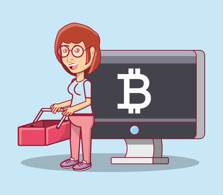 cartoon woman holding a shopping basket and computer with bitcoin symbol on screen over blue background, colorful design. vector illustrationのイラスト素材