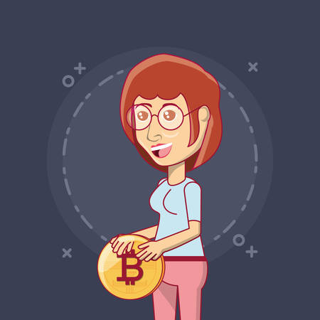 cartoon woman with bitcoin coin over black background, colorful design. vector illustrationのイラスト素材