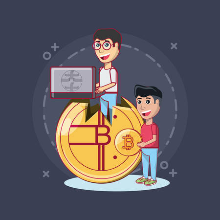 cartoon man with a laptop sitting on a bitcoin coin and other man standing and holding a bitcoin coin over black background, colorful design. vector illustrationのイラスト素材
