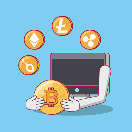 computer with arms holding a bitcoin coin and cruptocoins around over blue background, colorful design. vector illustrationのイラスト素材