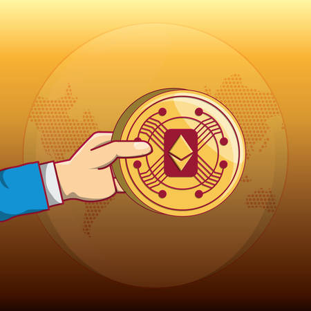 hand holding a ethereum coin over yellow background, colorful design. vector illustrationのイラスト素材