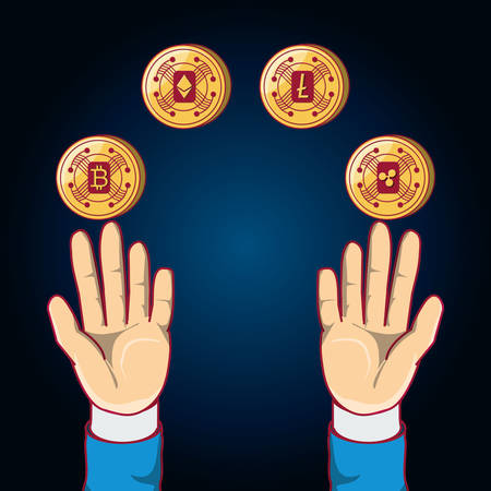 hands with cryptocoins around over blue background, colorful design. vector illustrationのイラスト素材