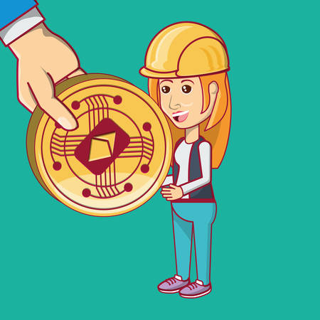 hand holding a ethereum coin and cartoon woman standing  over blue background, colorful design. vector illustrationのイラスト素材