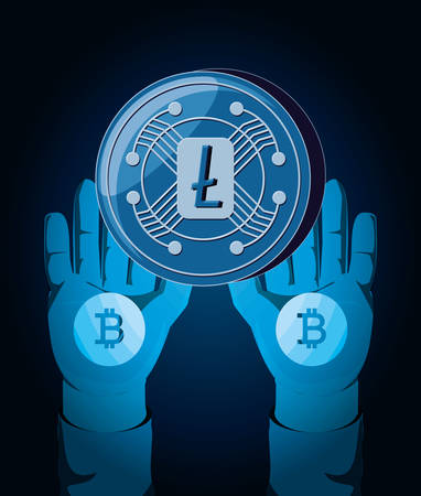 hands with litecoin coin over blue background, colorful design. vector illustrationのイラスト素材