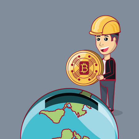 cartoon man holding a bitcoin and earth planet in moneybox shape over gray background, colorful design. vector illustrationのイラスト素材