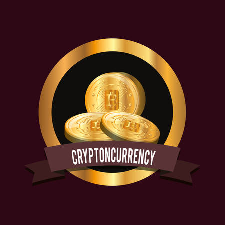 emblem with decorative ribbon and bitcoin coins icon over brown background, colorful design. vector illustrationのイラスト素材