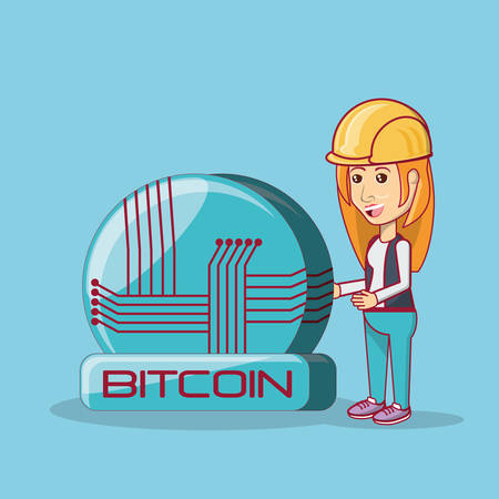 cartoon woman with bitcoin emblem over blue background, colorful design. vector illustrationのイラスト素材