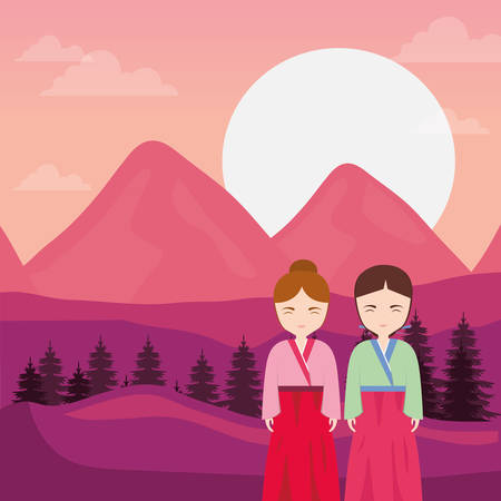 Asian girls wearing a kimono over landscape background, colorful design. vector illustrationのイラスト素材