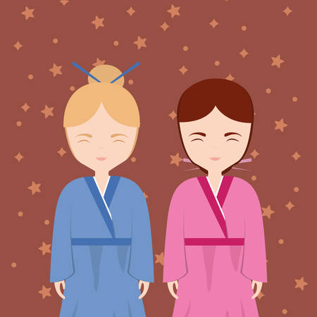 Asian girl wearing a kimono over brown background with stars, colorful design. vector illustrationのイラスト素材