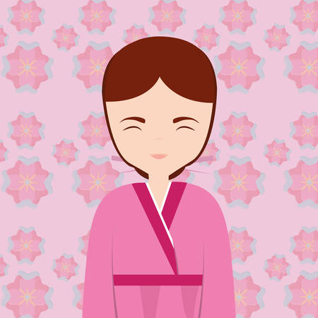 Cartoon asian girl wearing a kimono over pink floral background, colorful design. vector illustrationのイラスト素材