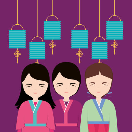 chinese lanterns hanging and Cartoon asian girl wearing a kimono over purple background, colorful design. vector illustrationのイラスト素材
