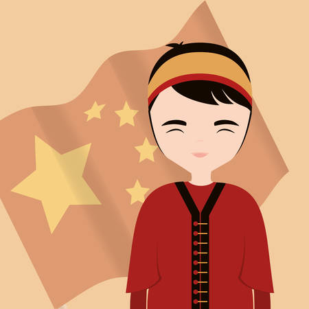 chinese man with traditional costume over chine flag and orange background, colorful design. vector illustrationのイラスト素材