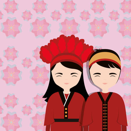 cartoon couple with traditional costume of taiwan over pink background, colorful design. vector illustrationのイラスト素材