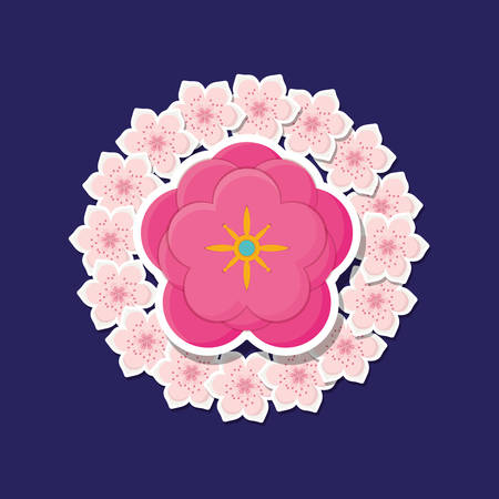 Beautiful pink flower and wreath of flowers  over blue background, colorful design. vector illustrationのイラスト素材