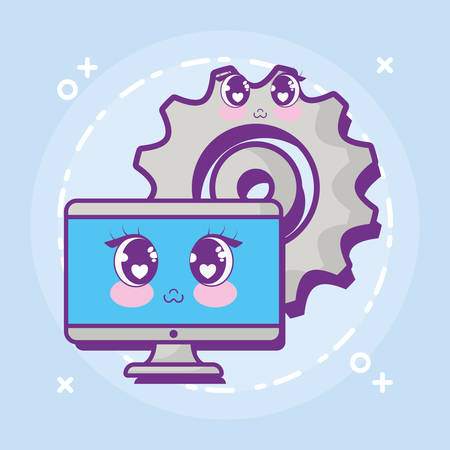 kawaii monitor computer and gear wheel icon over blue background, colorful design. vector illustrationのイラスト素材
