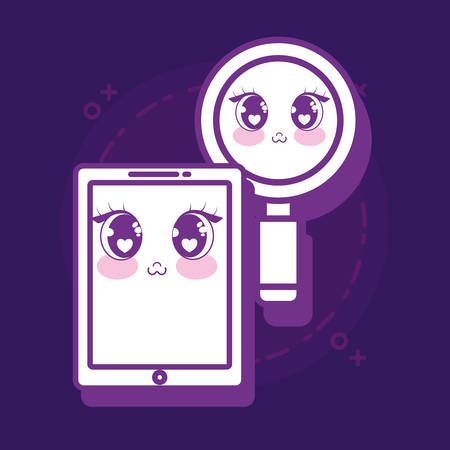 kawaii lupe and smartphone icon over purple background, colorful design. vector illustrationのイラスト素材