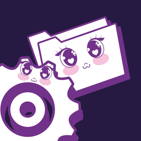 kawaii gear and folder over purple background, colorful line design. vector illustrationのイラスト素材