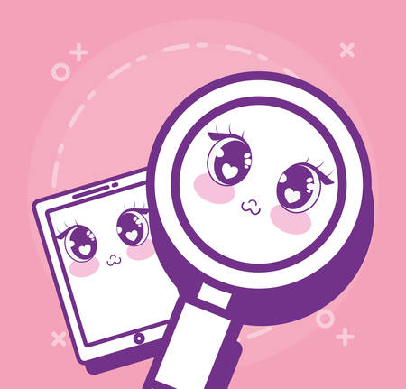 kawaii lupe and cellphone icon over pink background, colorful line design. vector illustrationのイラスト素材