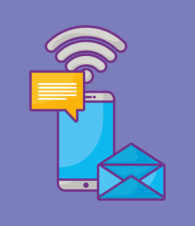 speech bubble with envelope and smartphone icon over blue background, colorful design. vector illustrationのイラスト素材