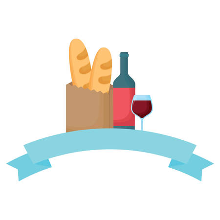 wine bottle and bag with breads icon over white background, vector illustrationのイラスト素材